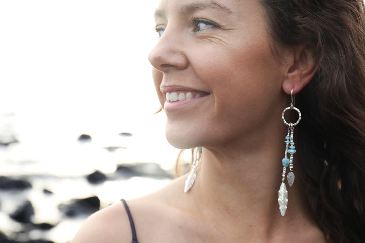 Statement Long Larimar and Thai Hill Tribe Silver Beaded Earrings