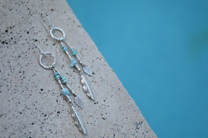 Statement Long Larimar and Thai Hill Tribe Silver Beaded Earrings
