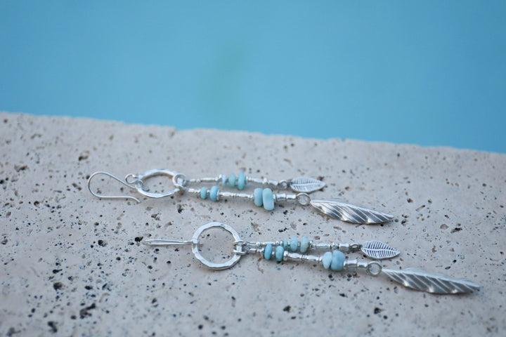 Statement Long Larimar and Thai Hill Tribe Silver Beaded Earrings