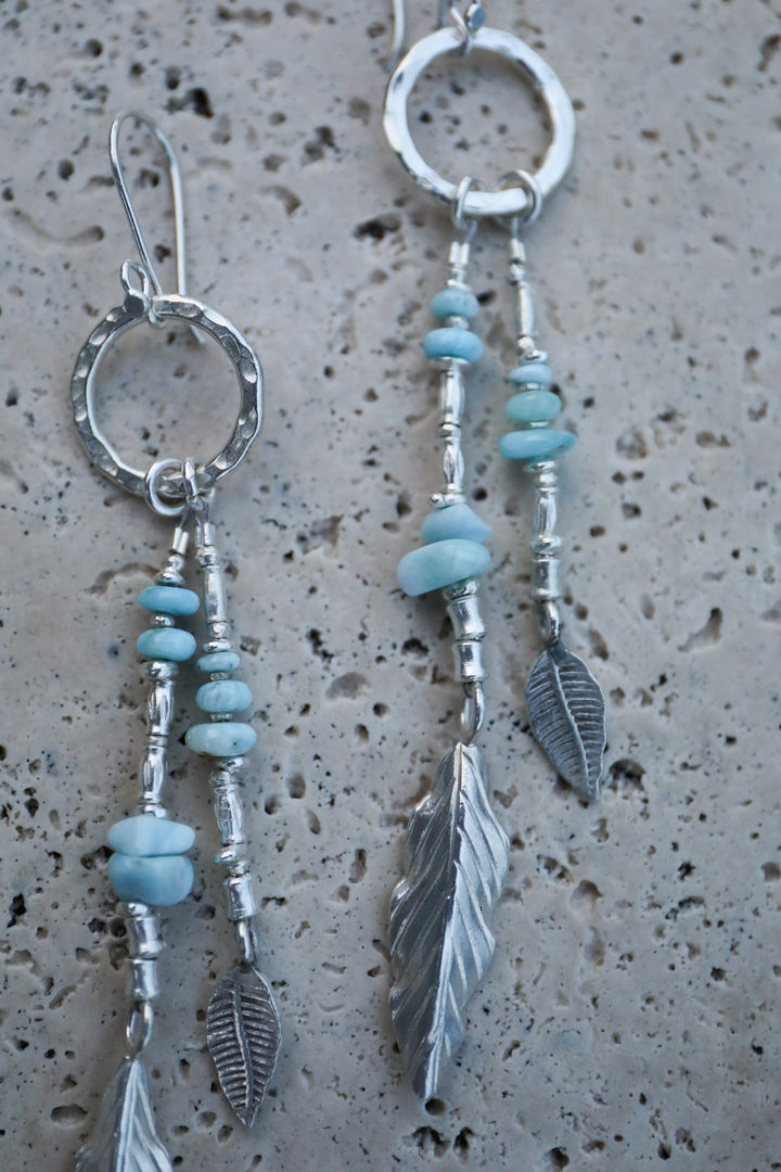 Statement Long Larimar and Thai Hill Tribe Silver Beaded Earrings