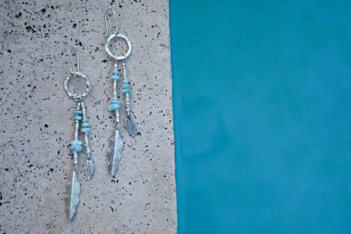 Statement Long Larimar and Thai Hill Tribe Silver Beaded Earrings