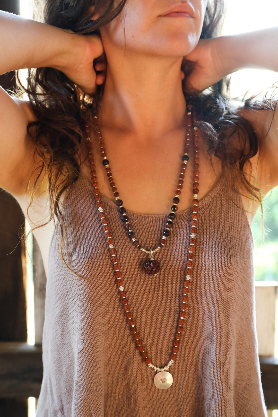 Reserved for Somer ** Sacred Rudraksha + Thai Hill Tribe Silver 108 Mala Necklace with Om Charm and Moonstone Double Bracelet