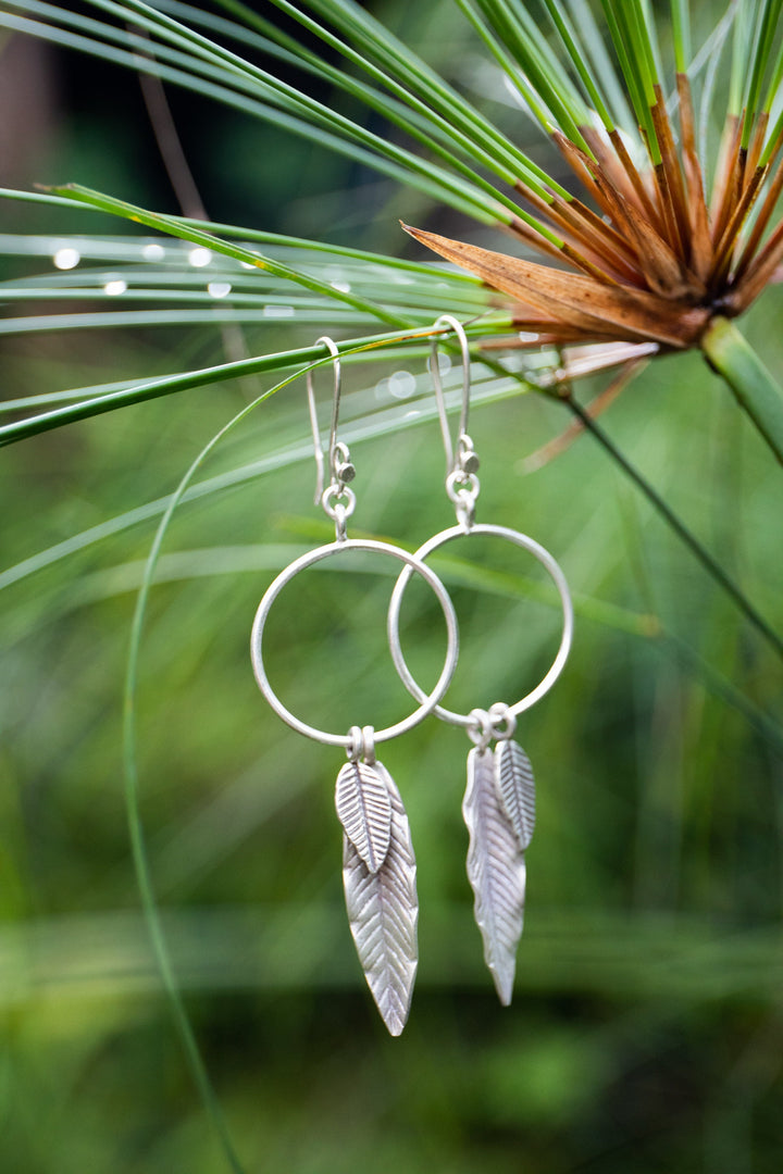 Circle + Leaf Thai Hill Tribe Silver Earrings