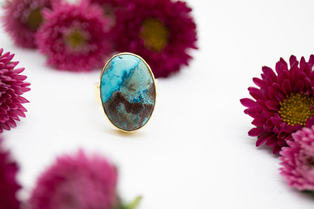 Shattuckite Ring set in Thick Beaten Gold Plated Sterling Silver Band - Size 9 US