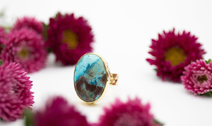 Shattuckite Ring set in Thick Beaten Gold Plated Sterling Silver Band - Size 9 US