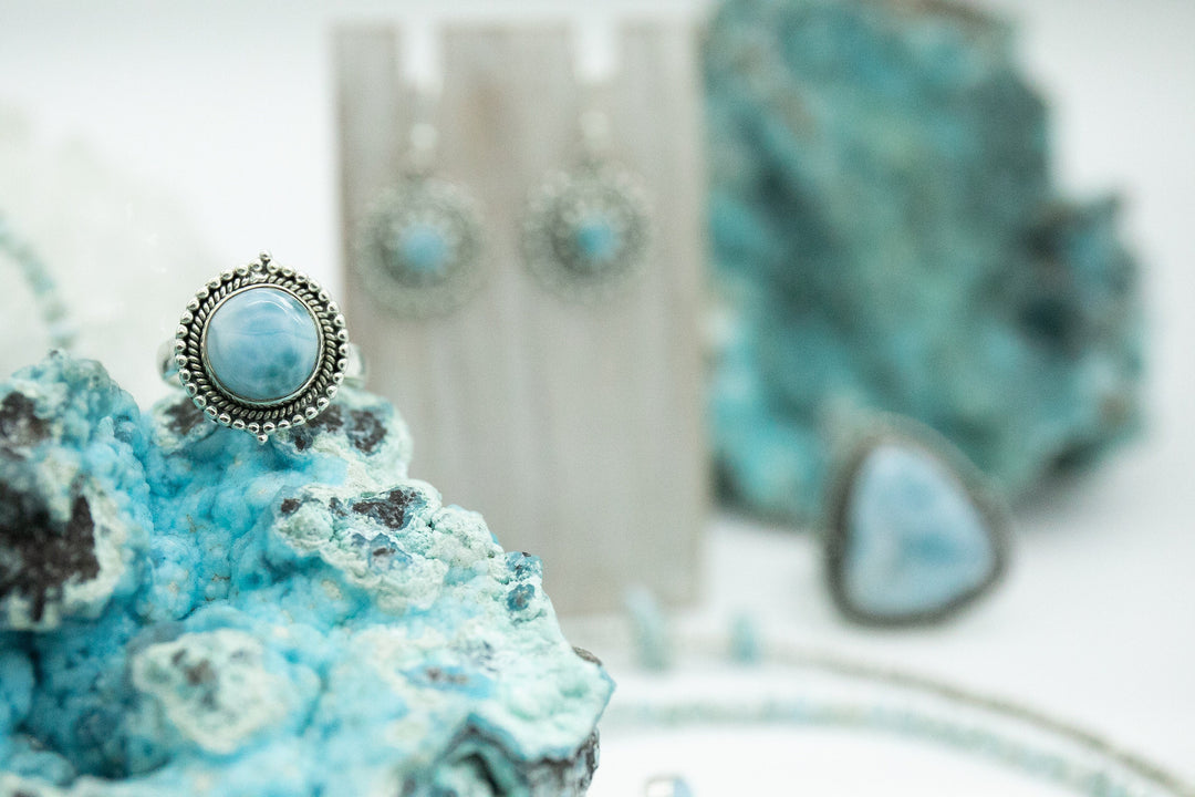 Tribal Larimar Ring in Tribal Sterling Silver Setting - Size 7 US