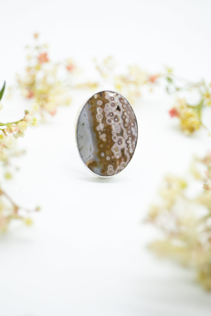 Lovely Faceted Ocean Jasper Ring in Thick Beaten Sterling Silver Band - Size 10 US - Statement Jasper Jewellery - Gemstone Jewelry (Copy)