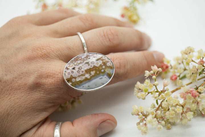 Lovely Faceted Ocean Jasper Ring in Thick Beaten Sterling Silver Band - Size 10 US - Statement Jasper Jewellery - Gemstone Jewelry (Copy)