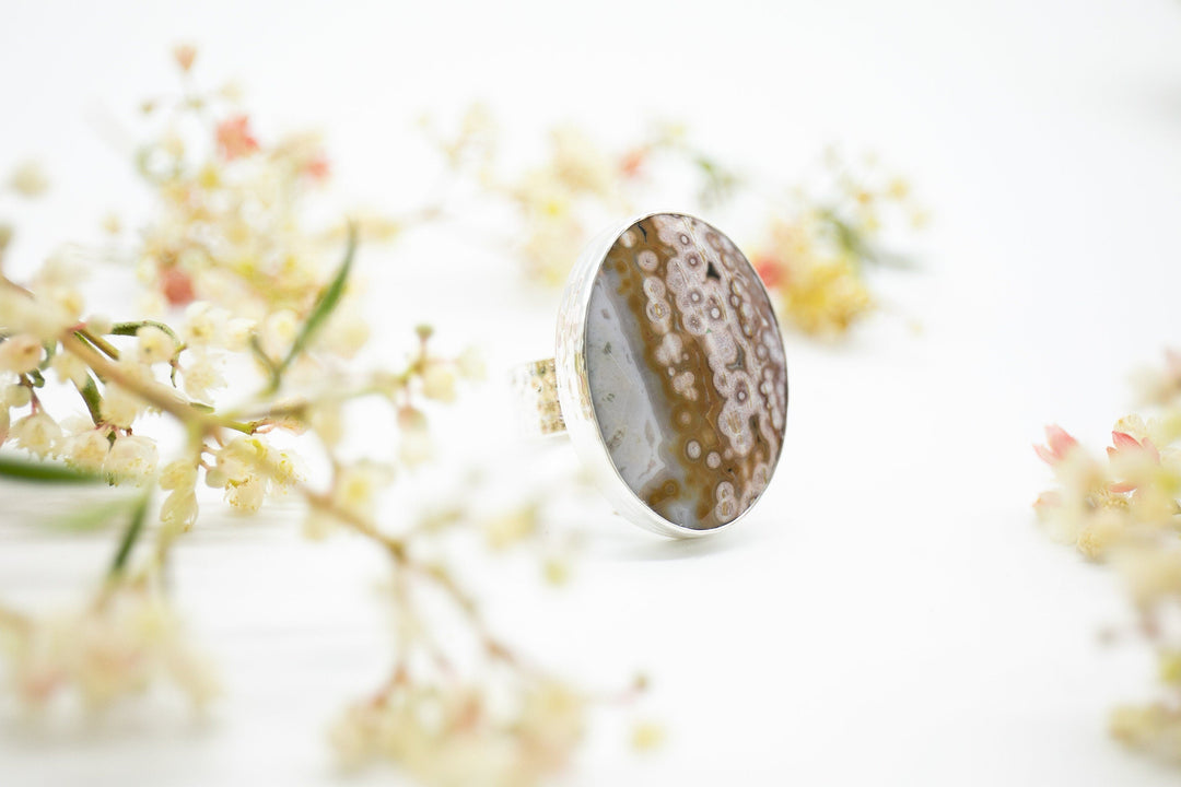 Lovely Faceted Ocean Jasper Ring in Thick Beaten Sterling Silver Band - Size 10 US - Statement Jasper Jewellery - Gemstone Jewelry (Copy)