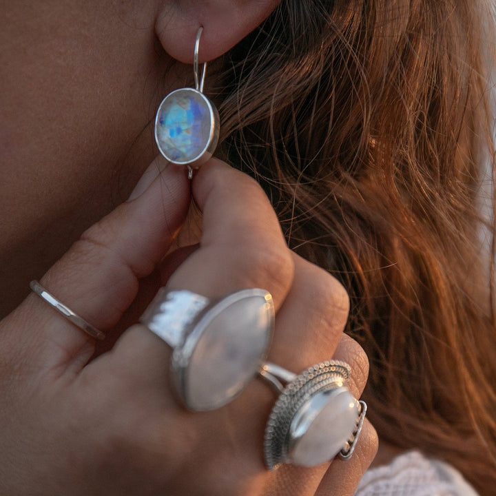 Faceted Oval Rainbow Moonstone Hook Earrings in Sterling Silver