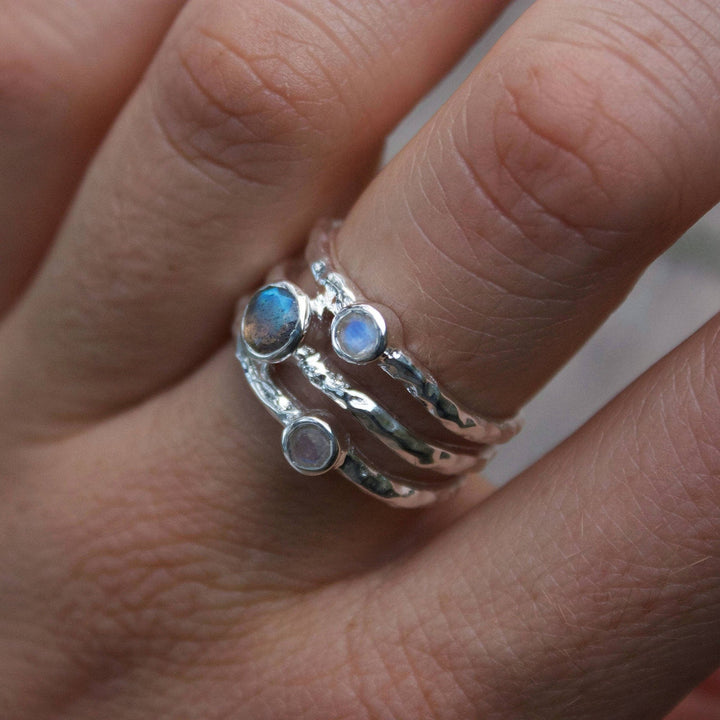 3 Band Labradorite and Rainbow Moonstone Ring set in Sterling Silver - Multiple Sizes