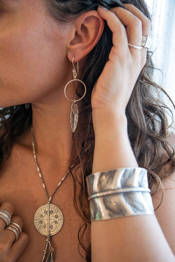 Circle + Leaf Thai Hill Tribe Silver Earrings