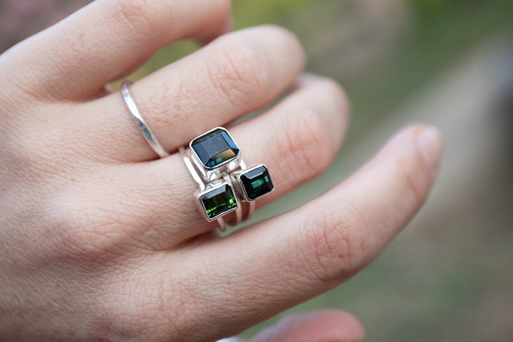 High Quality Multi Dark Green Tourmaline Ring set in Sterling Silver - Size 7.5 US