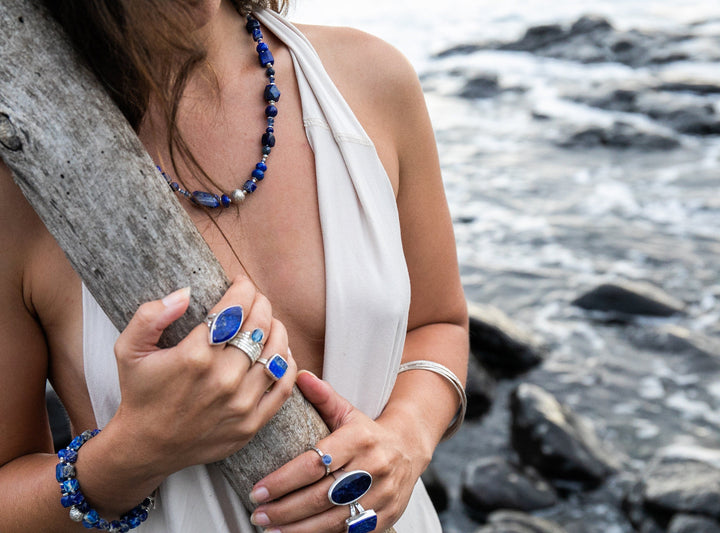 Lapis, Sodalite Multi Stone Necklace with Thai Hill Tribe Silver and Leaf Pendant