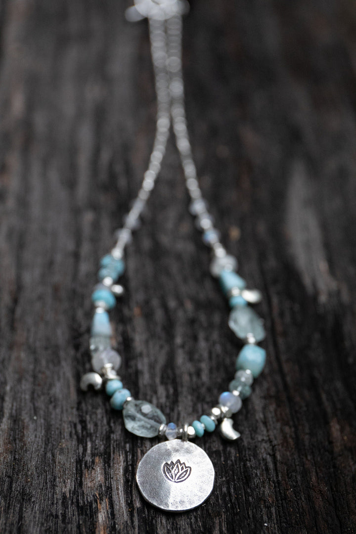 Sweet Larimar, Aquamarine + Rainbow Moonstone Necklace made with  Lotus Pendant