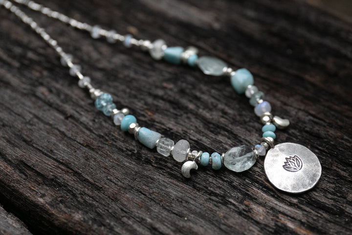 Sweet Larimar, Aquamarine + Rainbow Moonstone Necklace made with  Lotus Pendant