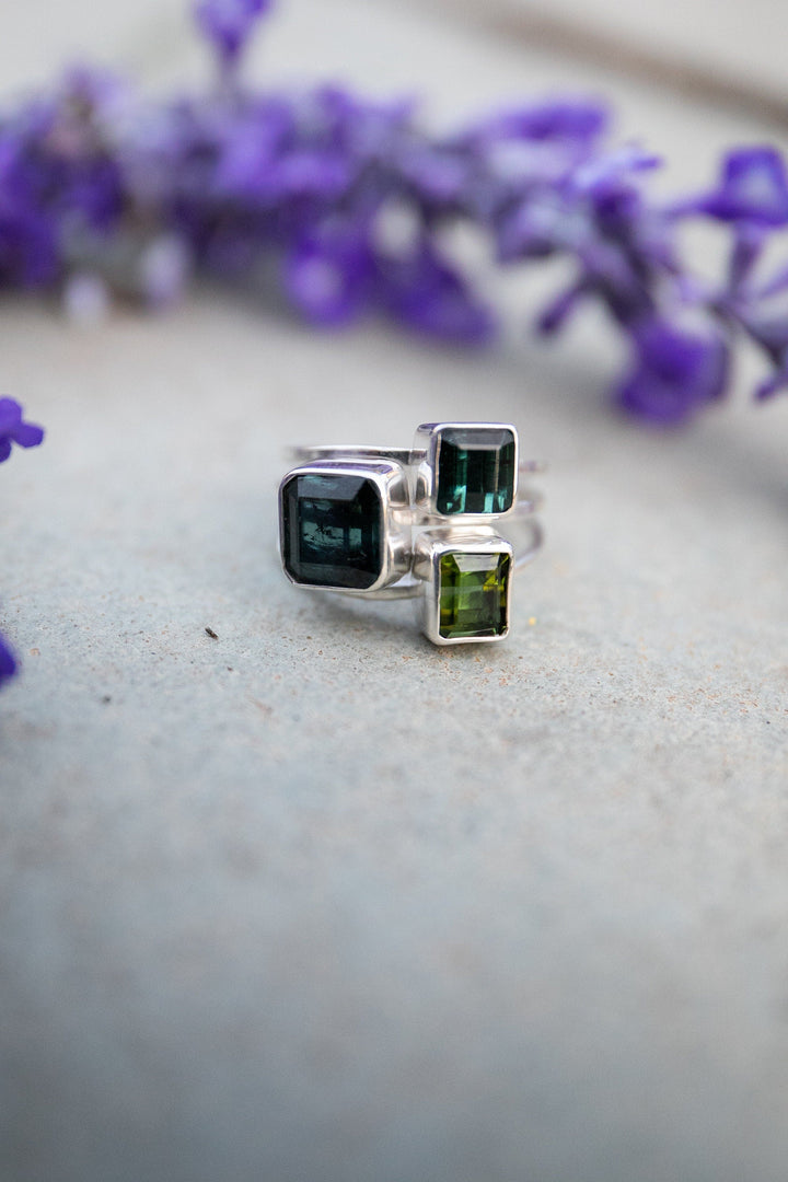 High Quality Multi Dark Green Tourmaline Ring set in Sterling Silver - Size 7.5 US