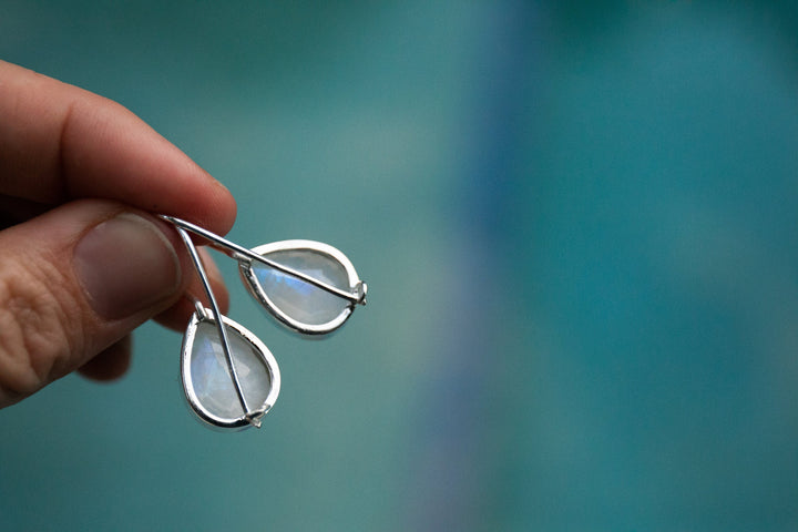 Simple Elegant Rainbow Moonstone Hook Earrings in Sterling Silver Setting