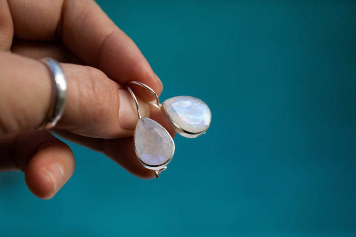 Simple Elegant Rainbow Moonstone Hook Earrings in Sterling Silver Setting