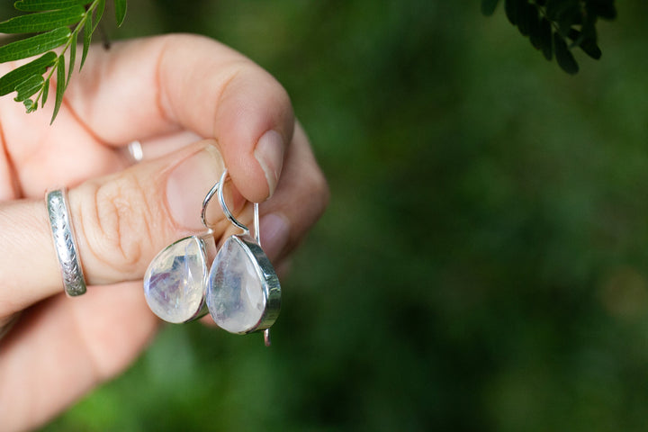 Simple Elegant Rainbow Moonstone Hook Earrings in Sterling Silver Setting