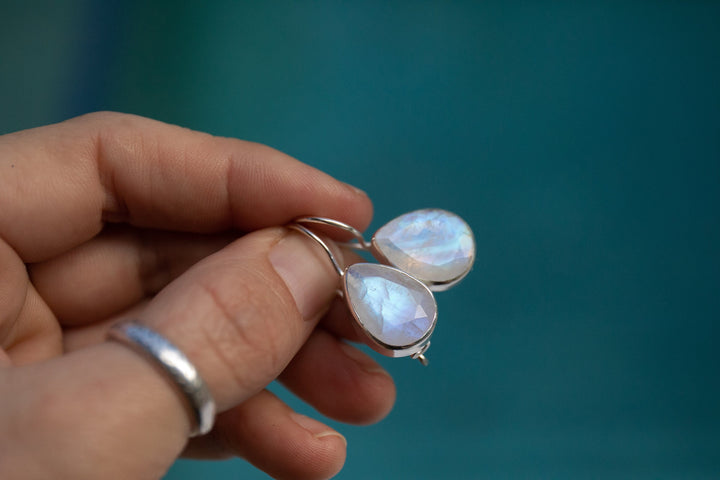 Simple Elegant Rainbow Moonstone Hook Earrings in Sterling Silver Setting