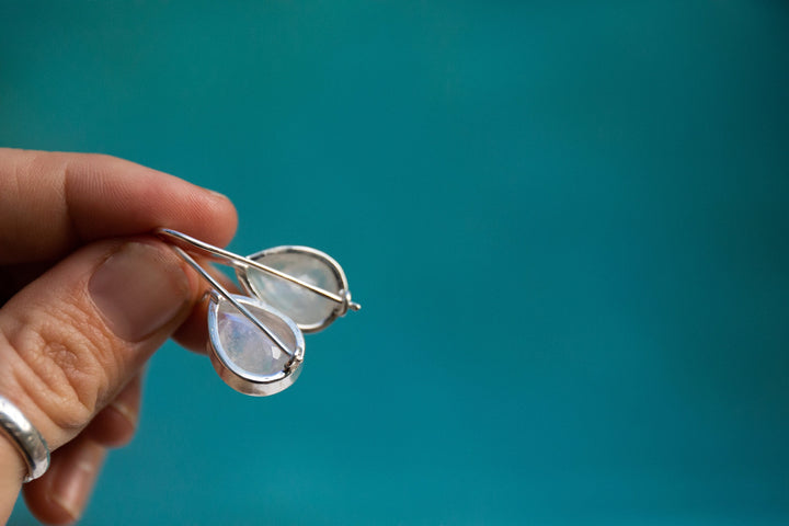 Simple Elegant Rainbow Moonstone Hook Earrings in Sterling Silver Setting