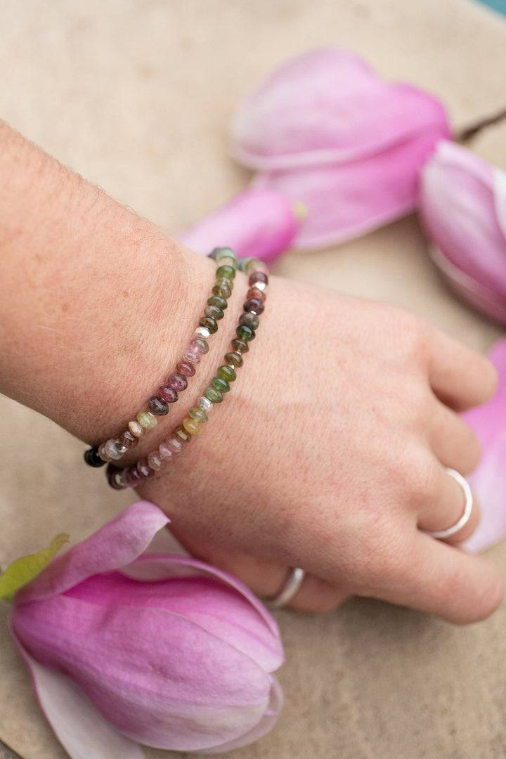 Graduated Double Watermelon Tourmaline Bracelet with Thai Hill Tribe Silver and Om Charm