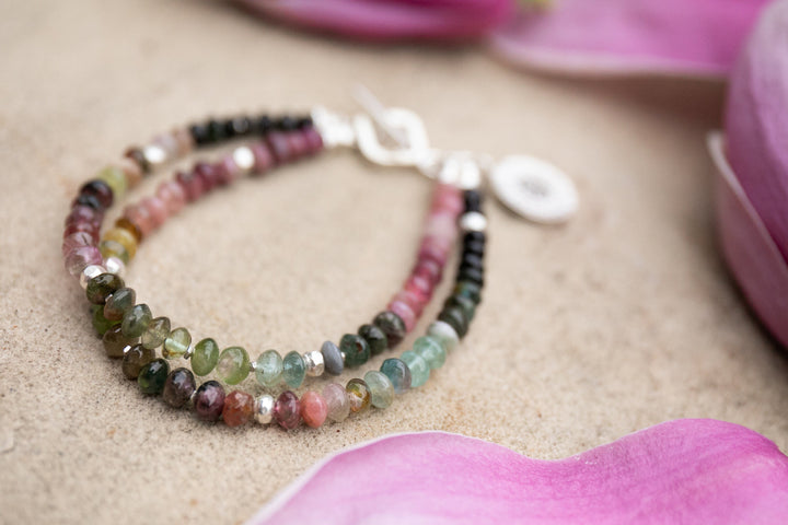 Graduated Double Watermelon Tourmaline Bracelet with Thai Hill Tribe Silver and Om Charm