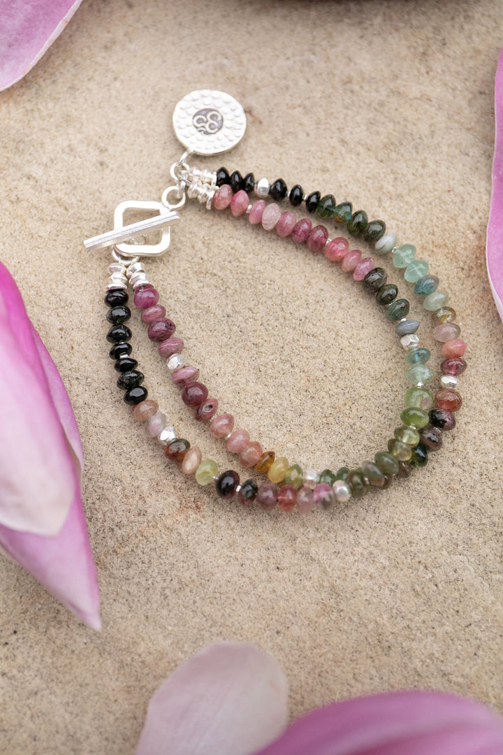 Graduated Double Watermelon Tourmaline Bracelet with Thai Hill Tribe Silver and Om Charm