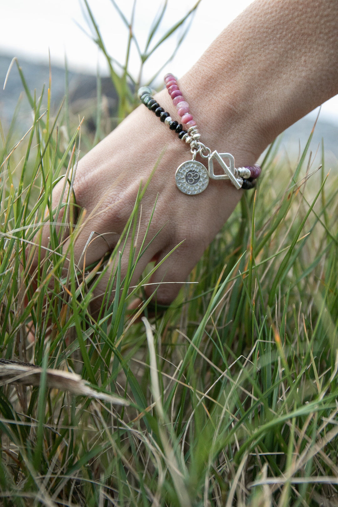 Graduated Double Watermelon Tourmaline Bracelet with Thai Hill Tribe Silver and Om Charm