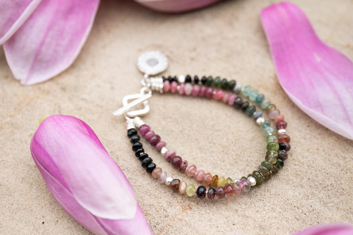 Graduated Double Watermelon Tourmaline Bracelet with Thai Hill Tribe Silver and Om Charm