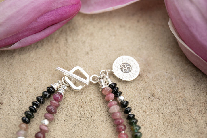 Graduated Double Watermelon Tourmaline Bracelet with Thai Hill Tribe Silver and Om Charm