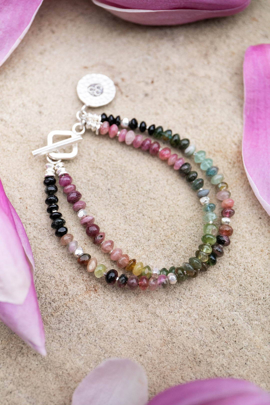 Graduated Double Watermelon Tourmaline Bracelet with Thai Hill Tribe Silver and Om Charm