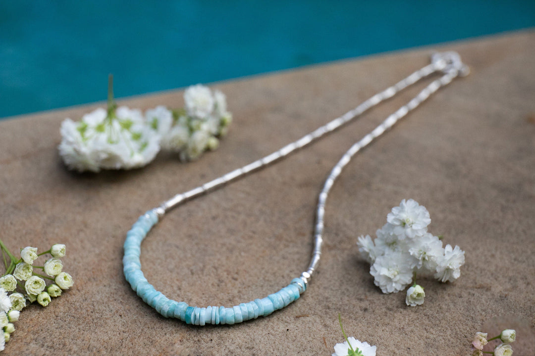 Beaded Larimar Necklace with 98% Thai Hill Tribe Silver Beads