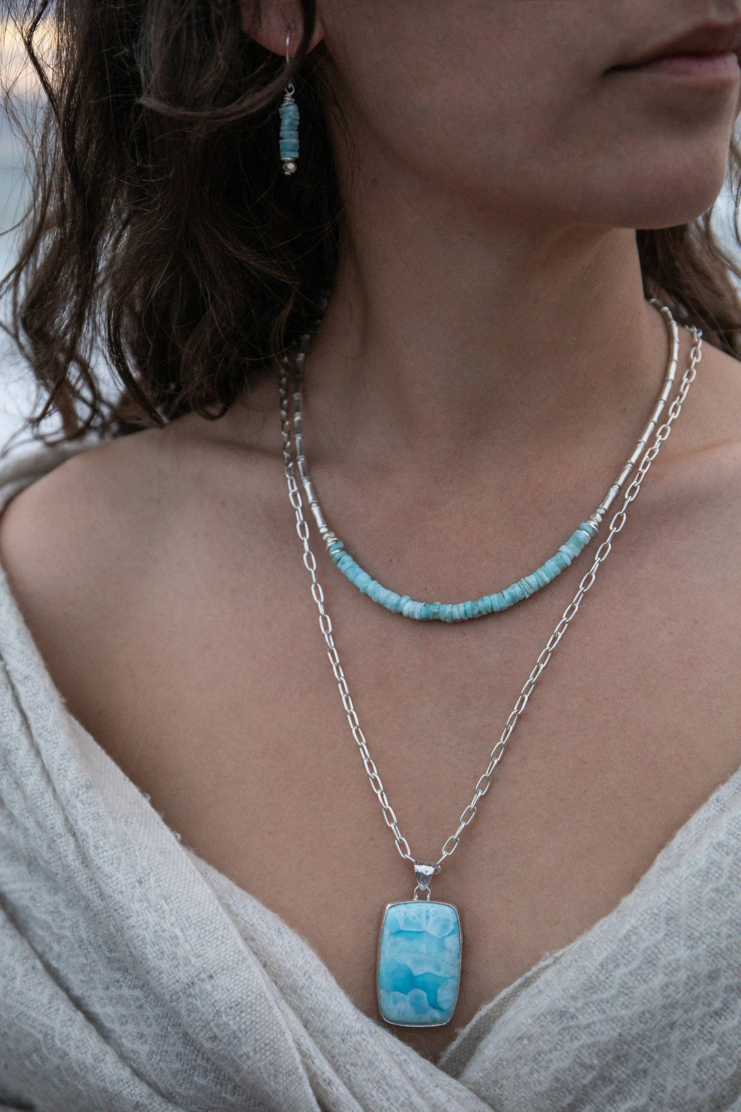 Beaded Larimar Necklace with 98% Thai Hill Tribe Silver Beads