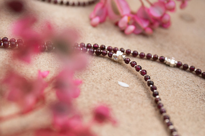 Double Garnet Bracelet with Thai Hill Tribe Silver and Om Charm