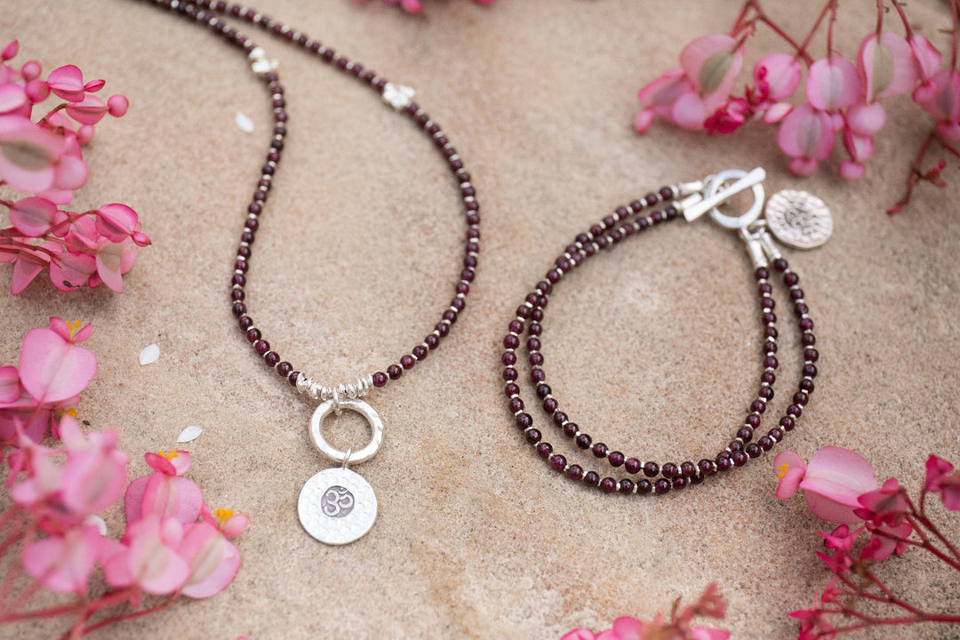 Double Garnet Bracelet with Thai Hill Tribe Silver and Om Charm