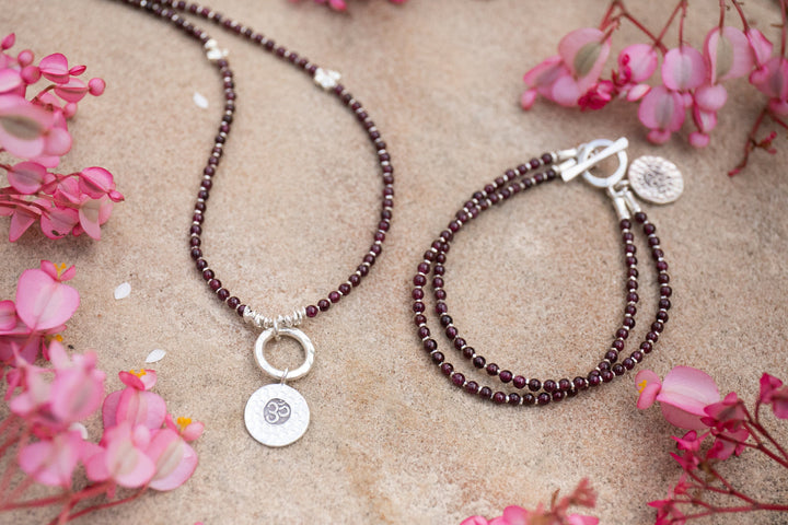 Double Garnet Bracelet with Thai Hill Tribe Silver and Om Charm