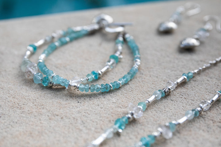 Handmade Beaded Apatite, Rainbow Moonstone and Herkimer Diamond Double Strand Bracelet