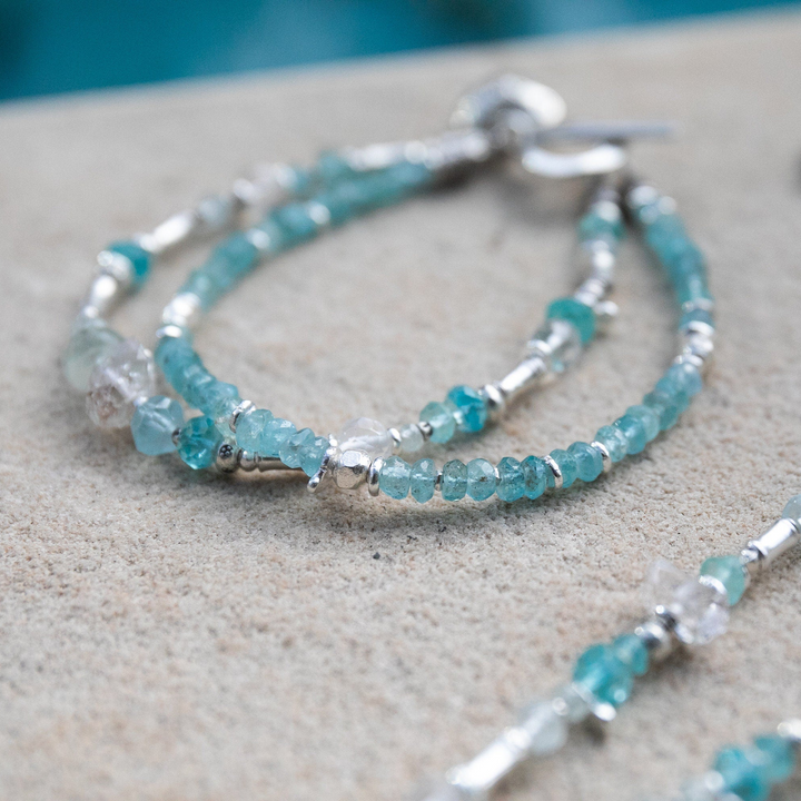 Handmade Beaded Apatite, Rainbow Moonstone and Herkimer Diamond Double Strand Bracelet