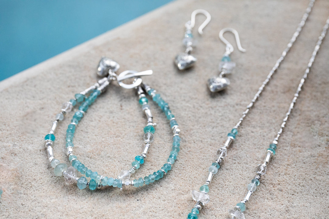Handmade Beaded Apatite, Rainbow Moonstone and Herkimer Diamond Double Strand Bracelet