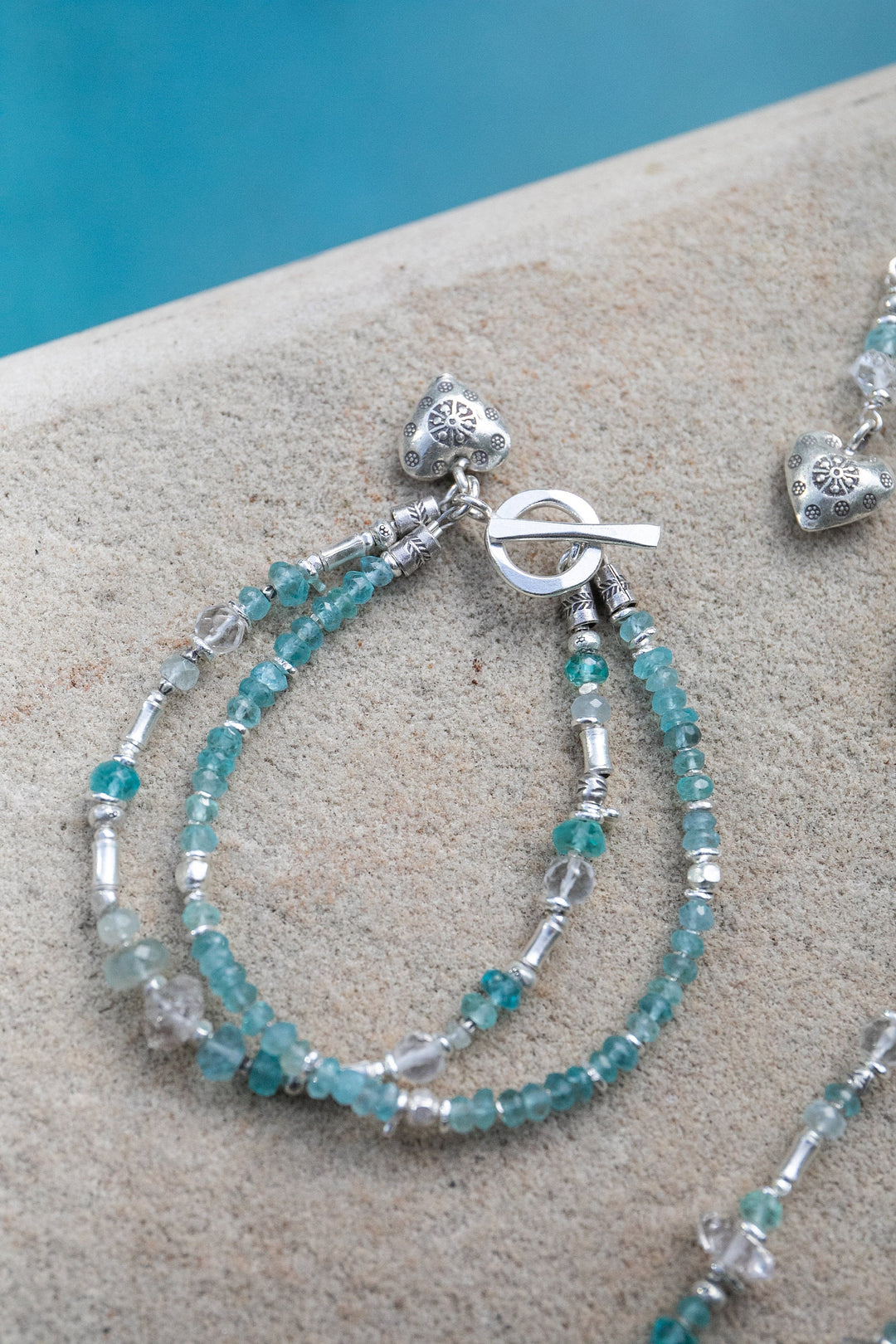 Handmade Beaded Apatite, Rainbow Moonstone and Herkimer Diamond Double Strand Bracelet