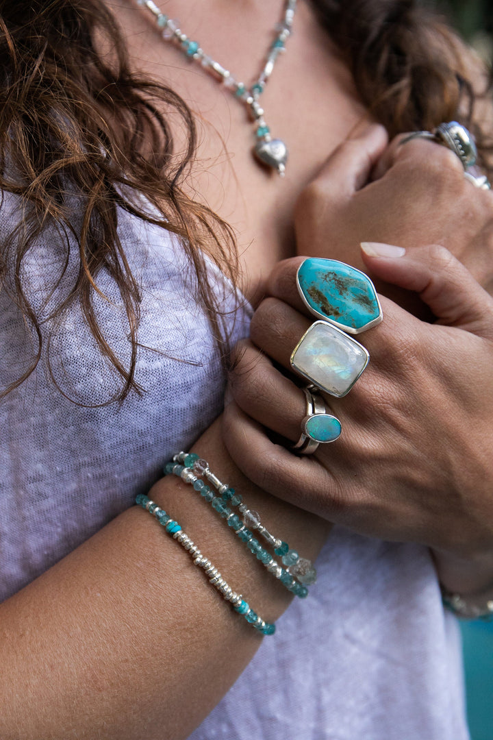 Handmade Beaded Apatite, Rainbow Moonstone and Herkimer Diamond Double Strand Bracelet