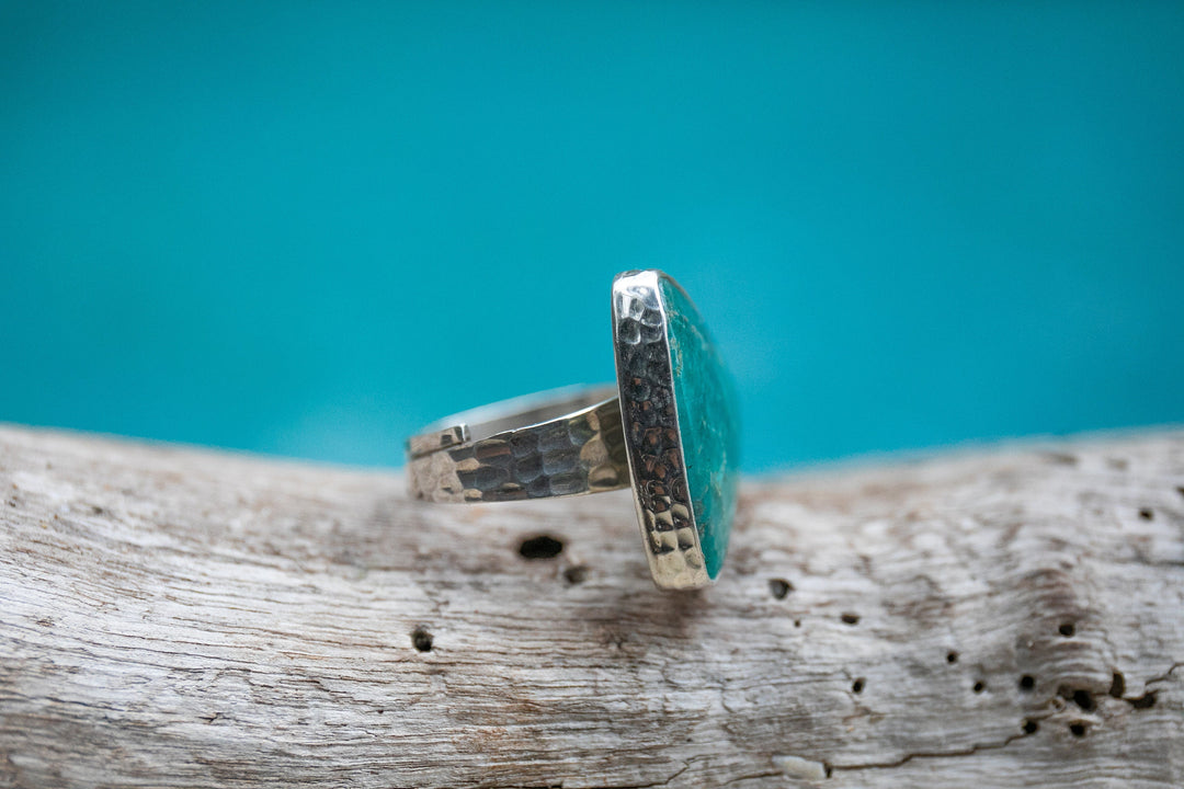 Lovely Amazonite Ring in Beaten Sterling Silver Setting and Adjustable Band - Amazonite Jewelry - Gemstone Ring