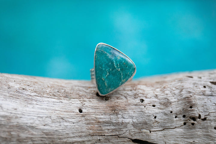 Lovely Amazonite Ring in Beaten Sterling Silver Setting and Adjustable Band - Amazonite Jewelry - Gemstone Ring