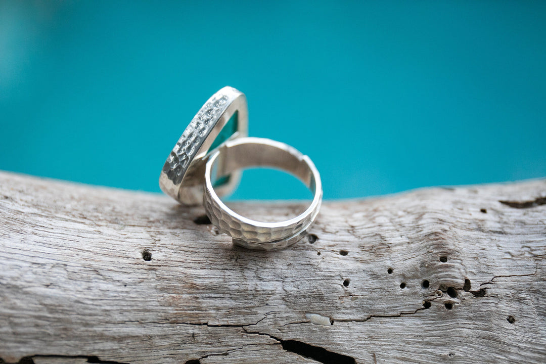 Lovely Amazonite Ring in Beaten Sterling Silver Setting and Adjustable Band - Amazonite Jewelry - Gemstone Ring