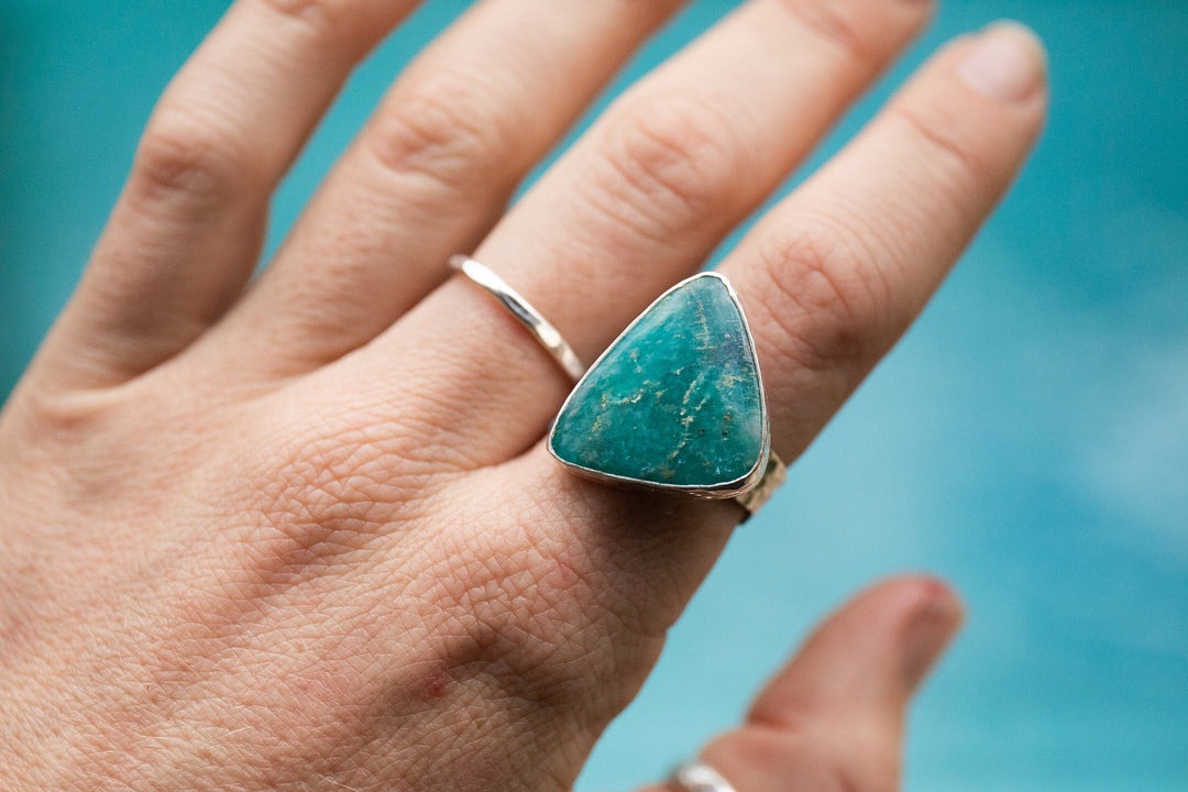Lovely Amazonite Ring in Beaten Sterling Silver Setting and Adjustable Band - Amazonite Jewelry - Gemstone Ring
