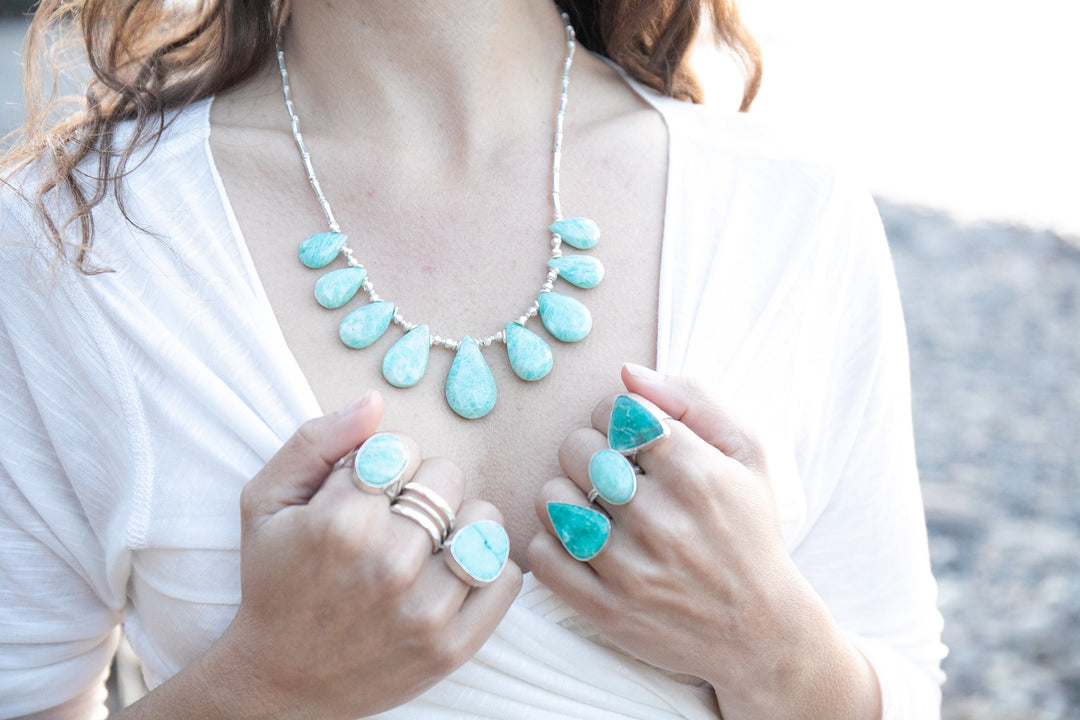 Lovely Amazonite Ring in Beaten Sterling Silver Setting and Adjustable Band - Amazonite Jewelry - Gemstone Ring