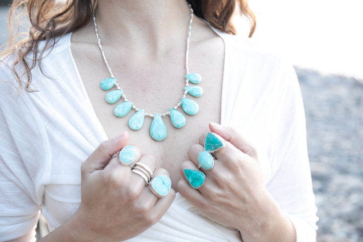 Lovely Amazonite Ring in Beaten Sterling Silver Setting and Adjustable Band - Amazonite Jewelry - Gemstone Ring