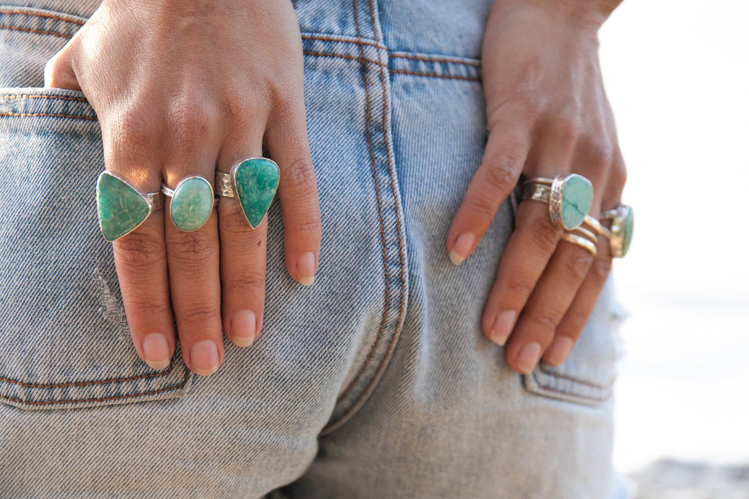 Lovely Amazonite Ring in Beaten Sterling Silver Setting and Adjustable Band - Amazonite Jewelry - Gemstone Ring